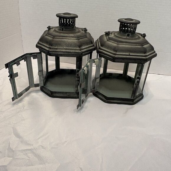 Hanging Lantern Metal Tealight Candle Holders With Glass Set of 2 RusticHanging - Picture 2 of 6
